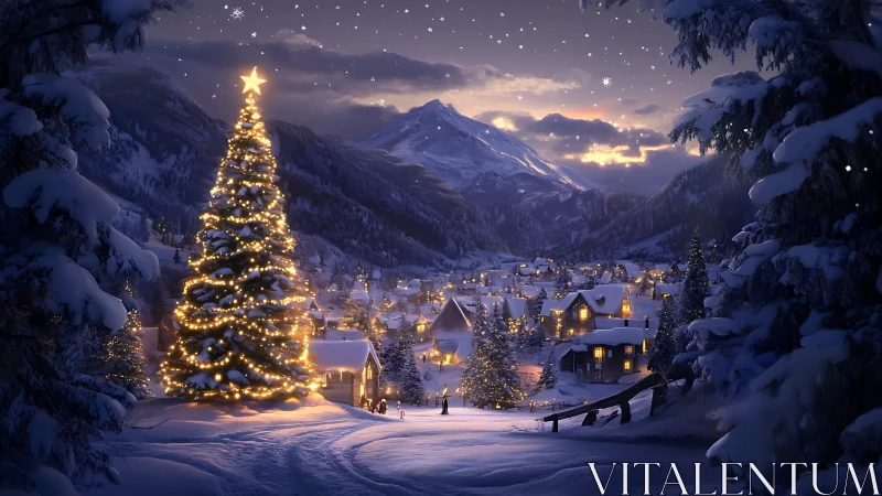 Snow-covered alpine village framed by illuminated Christmas tree