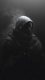 Hooded cyber warrior emerges from shadowed digital mist.