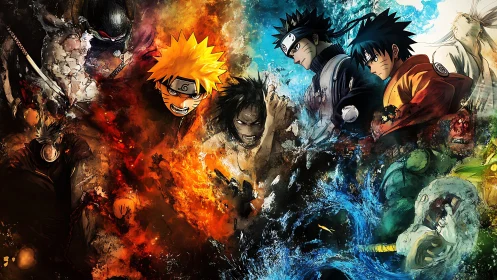 Anime elemental clash with fiery and aquatic bilateral layout.