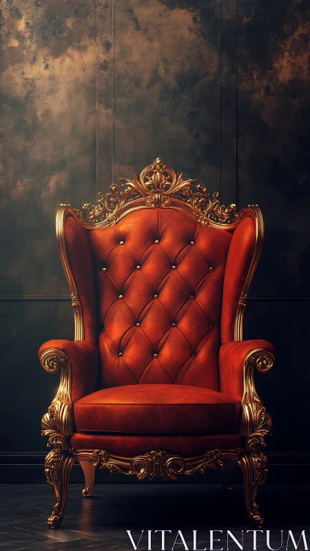 Ornate red leather throne against dark textured wall.