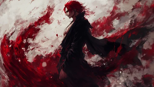 Crimson-haired warrior amid swirling red spectral storms.