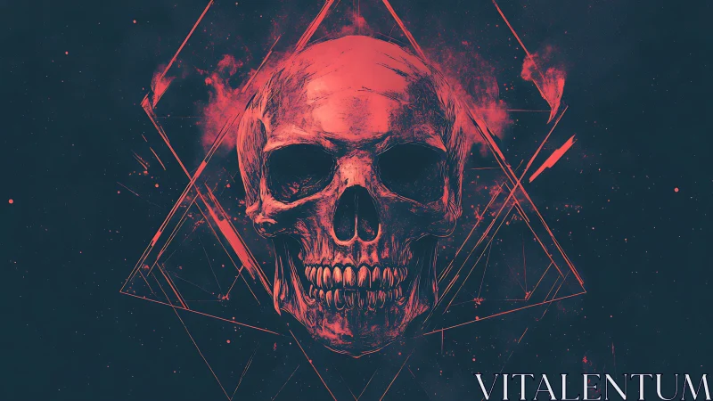 Red human skull illustration over dark geometric shapes.