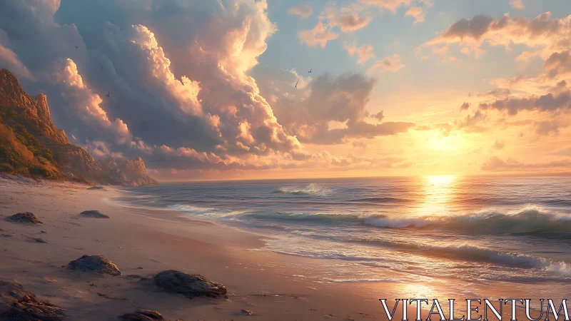 Sunlit coastal shoreline under towering pastel storm clouds.