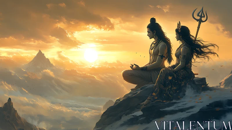 Divine couple meditating above sunlit Himalayan cloud seas.