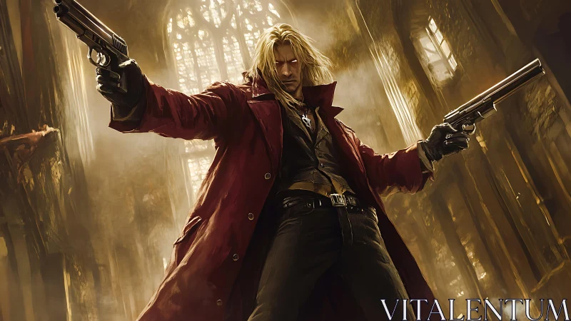 Long haired gunman extends dual pistols in ruined cathedral