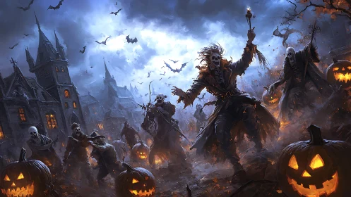 Skeletal horde storms haunted village on fiery Halloween night.