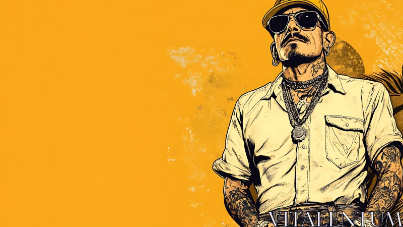 Graphic portrait of tattooed man in sunglasses on flat yellow ground
