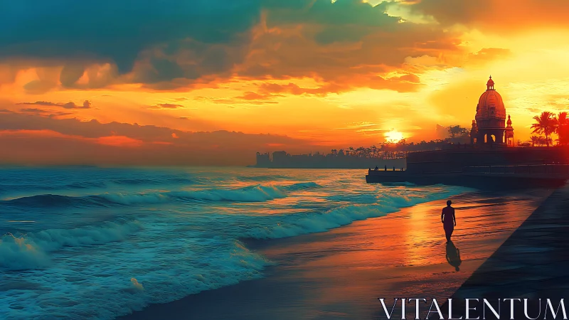 Sunlit shoreline stroll beside a glowing seaside temple.