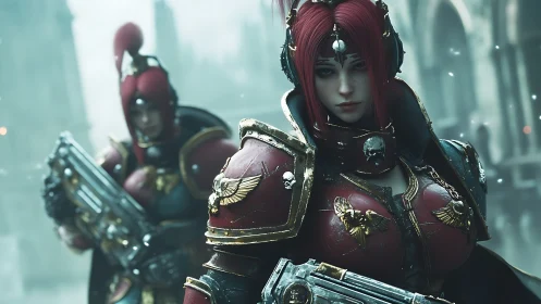 Armored sci fi warrior women in gothic urban setting.