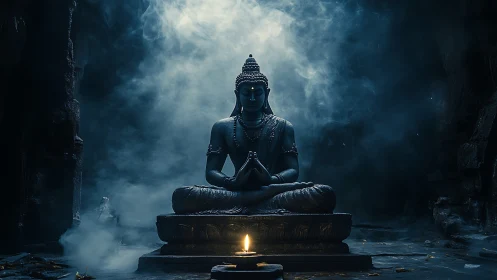 Buddha statue in misty cave with single foreground candle.