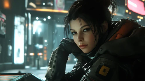 Neon-drenched scout resting in a sleepless cyber city night.