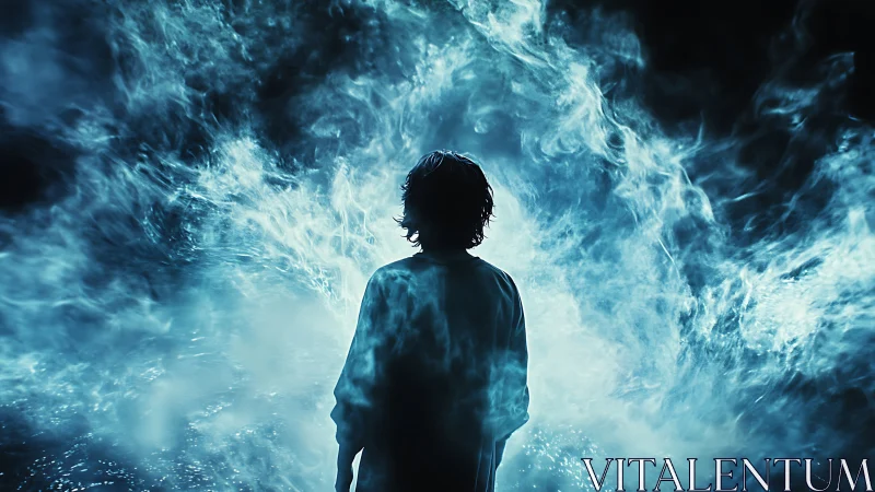 Silhouette child walks into swirling blue spectral doorway