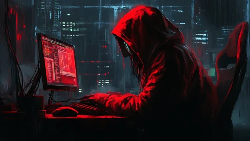 Hooded hacker codes under neon red cyberpunk glow.
