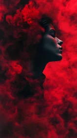 Profile silhouette of human figure within dense red smoke
