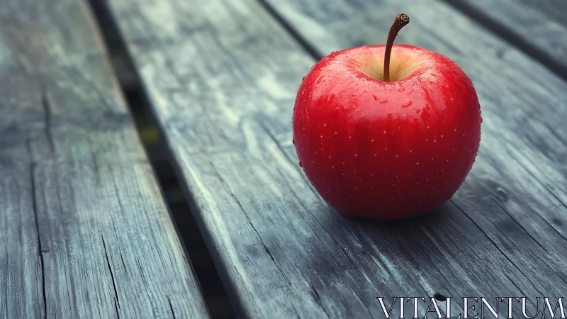 Red apple on weathered wood table in soft natural light.