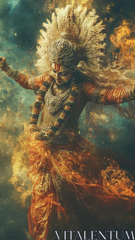 Mythic female figure in ornate headdress amid controlled flames.