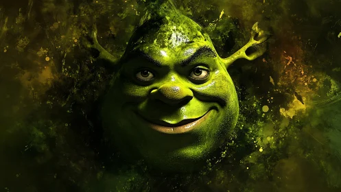 Green ogre portrait in glowing abstract forest haze.