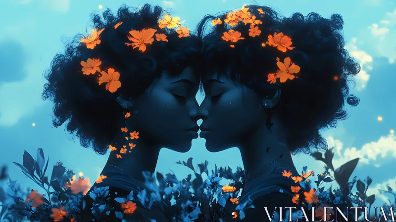 Two Silhouettes Kiss Beneath Blooming Orange Flowers