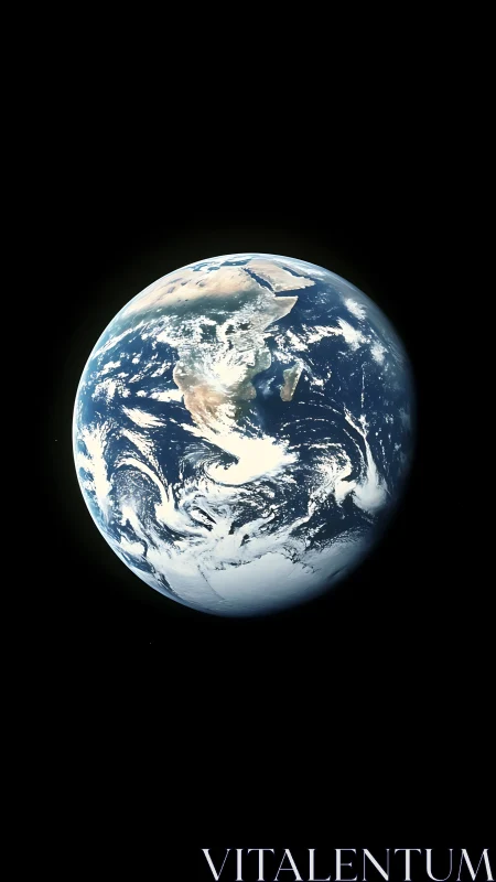 Earth from space with swirling clouds and polar ice cap.