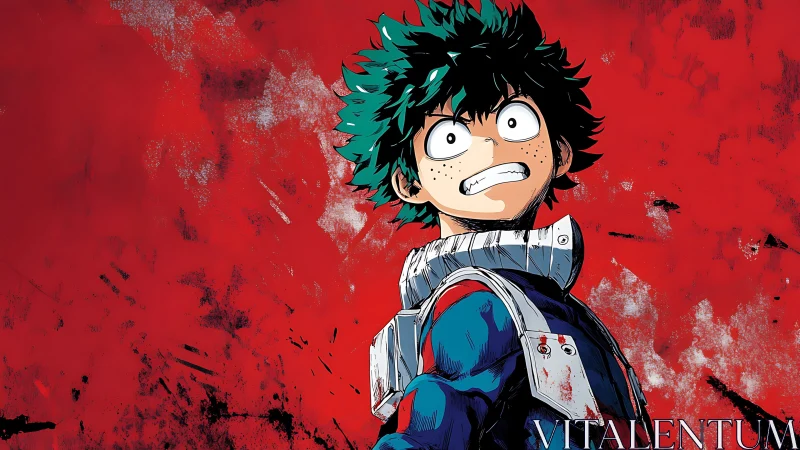 Anime hero portrait over distressed red abstract backdrop.