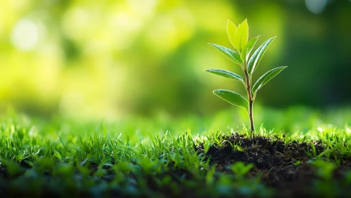 Young green seedling sprouting in sunlight, nature macro scene.