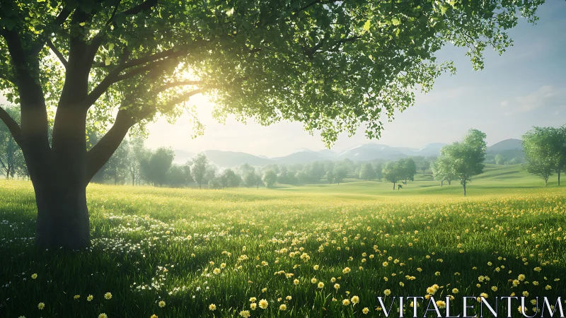 Sunlit tree dominates foreground of grassy meadow landscape