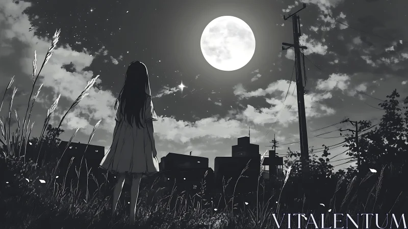 Moonlit girl in grayscale meadow gazes toward silent city sky.