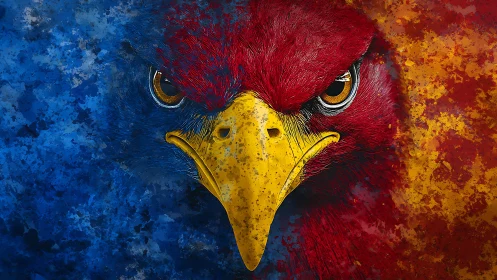 Fierce Eagle Portrait in Abstract Blue, Red, and Yellow Art Style.