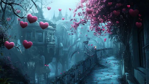 Gothic cityscape with floating hearts and blooming florals