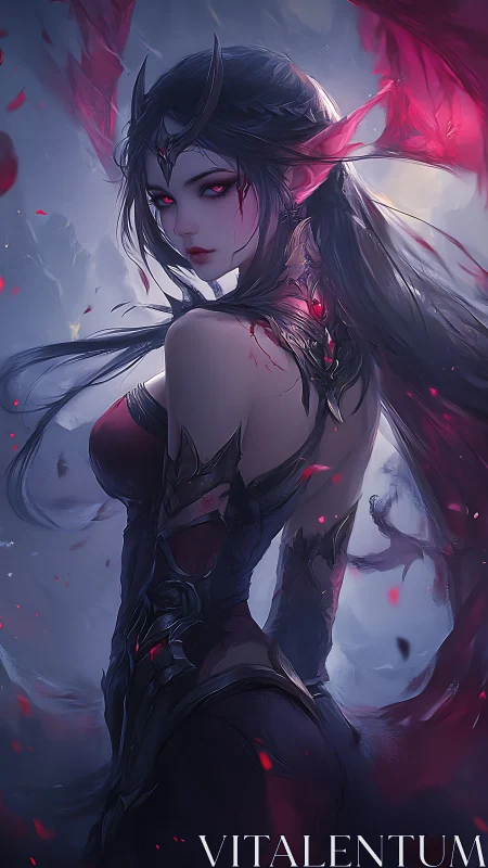 Dark winged sorceress with red aura in misty landscape.