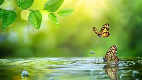 Butterflies dance above tranquil ripples in luminous spring light