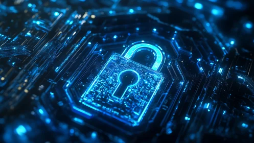 Glowing digital padlock gently protects a cyber circuit world