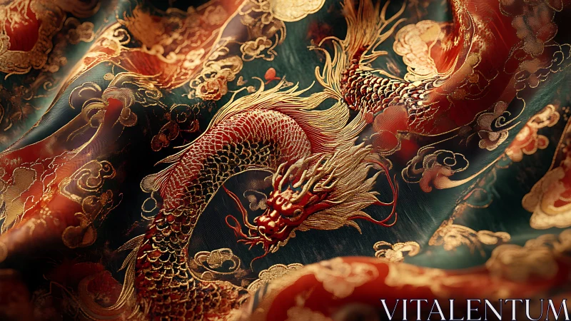 Baroque-lit embroidered dragon coils across ornate silk textile