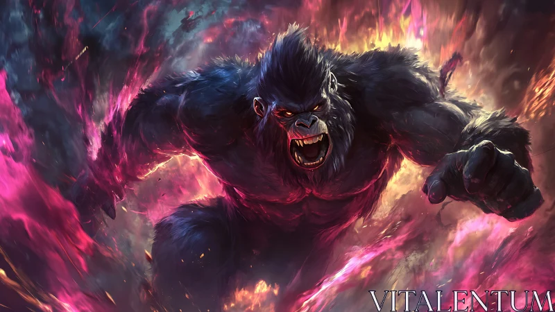 Gorilla creature in dynamic fiery energy environment.