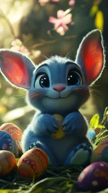 High-detail 3D bunny character holding ornate Easter egg in bokeh field