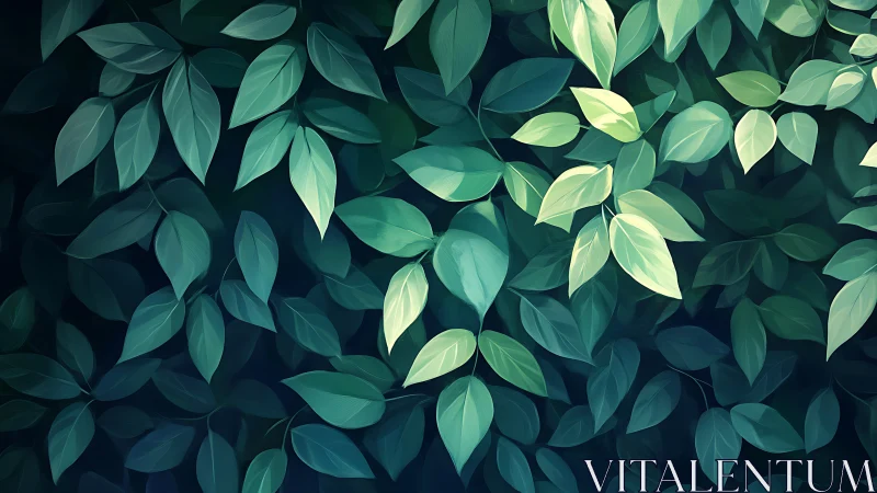 Lush overlapping leaves in cool teal and emerald light.