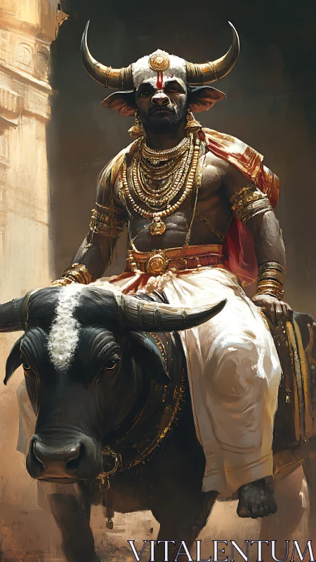 Horned warrior king rides sacred black bull through city