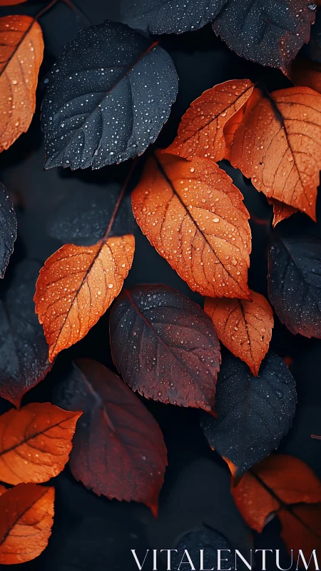 Orange and dark blue wet leaves in tight overhead view.