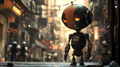 Spherical street-service robot in dense cybernetic alleyway.