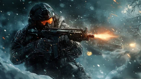 Armored soldier unleashes rifle fire in frozen battlefield storm.