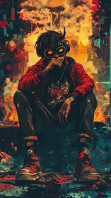 Lone urban listener simmers calmly inside painted digital fire