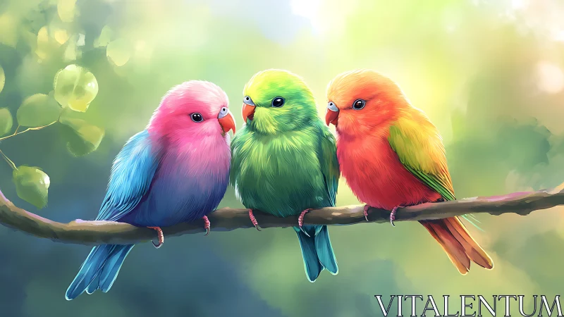 Three Colorful Birds on Branch in Dreamy Digital Art Style.