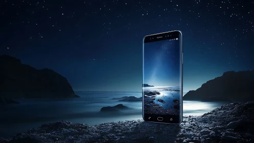 Smartphone stands upright over rocky shoreline at night