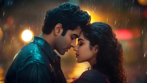 Rain-soaked romantic moment between two figures.