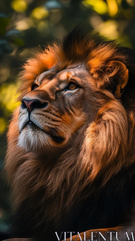 Telephoto portrait of male lion under directional rim lighting.