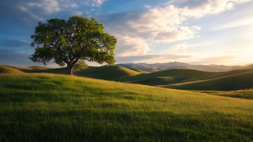 Gentle lone tree resting on glowing sunset hills of green.