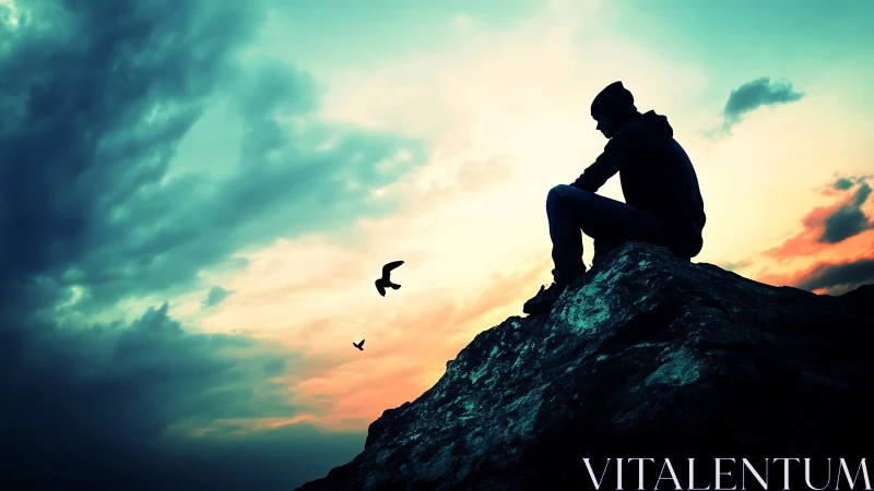Silhouetted figure on rocky summit at vivid dusk sky panorama