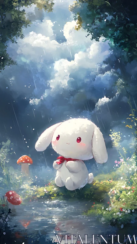 Soft white bunny by forest pond in gentle spring rain.