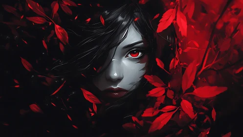 Crimson leaves embrace a mysterious midnight gaze.