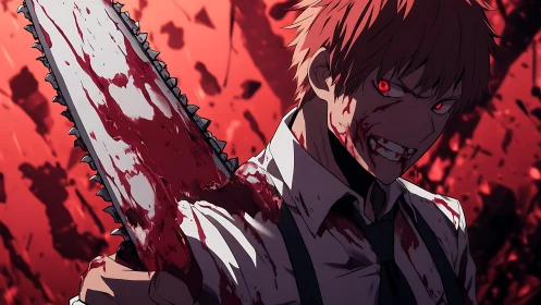 Bloodlit chainsaw warrior snarls through a crimson storm.